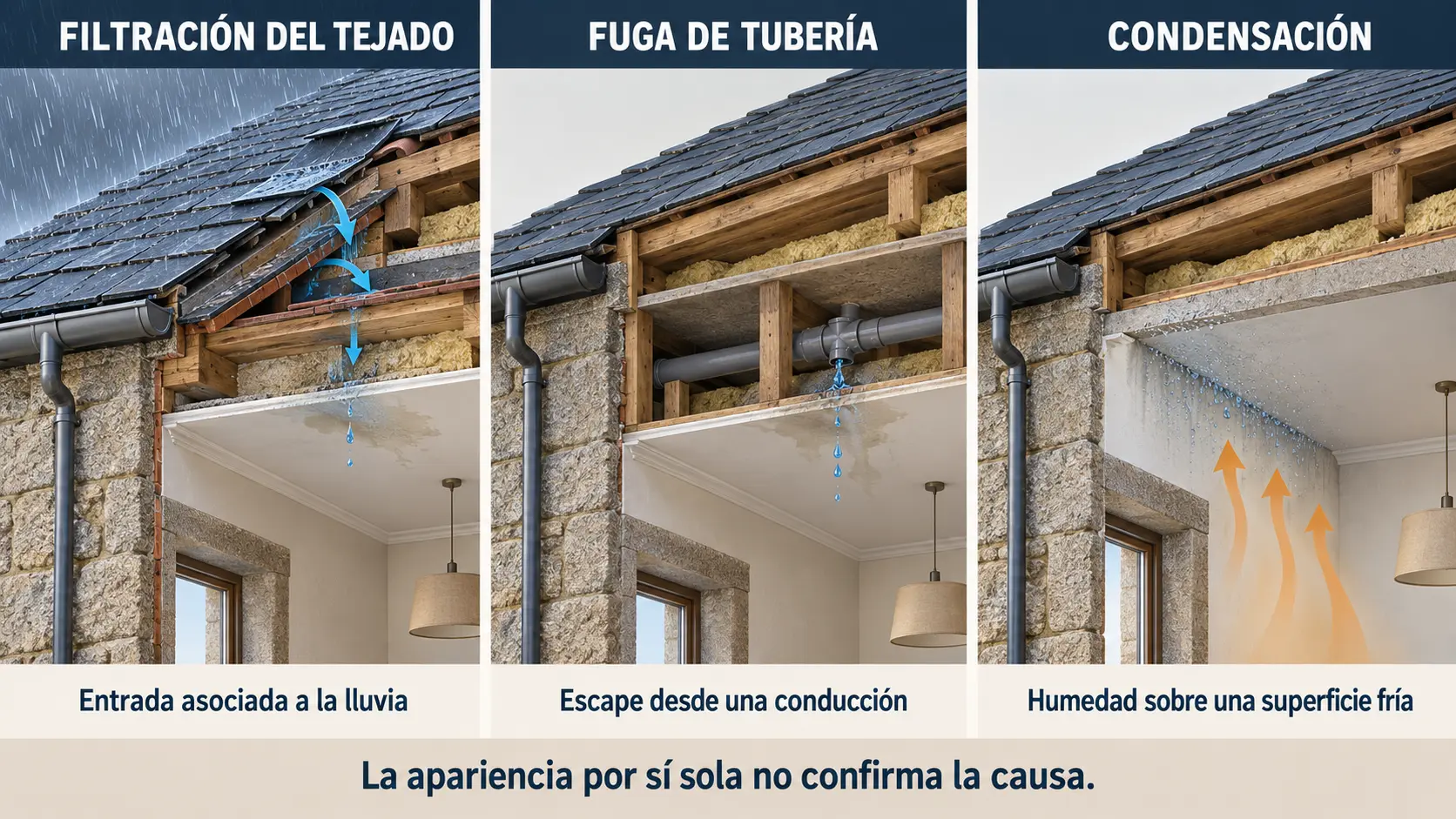 Comparación entre filtración del tejado, fuga de tubería y condensación como causas de humedad