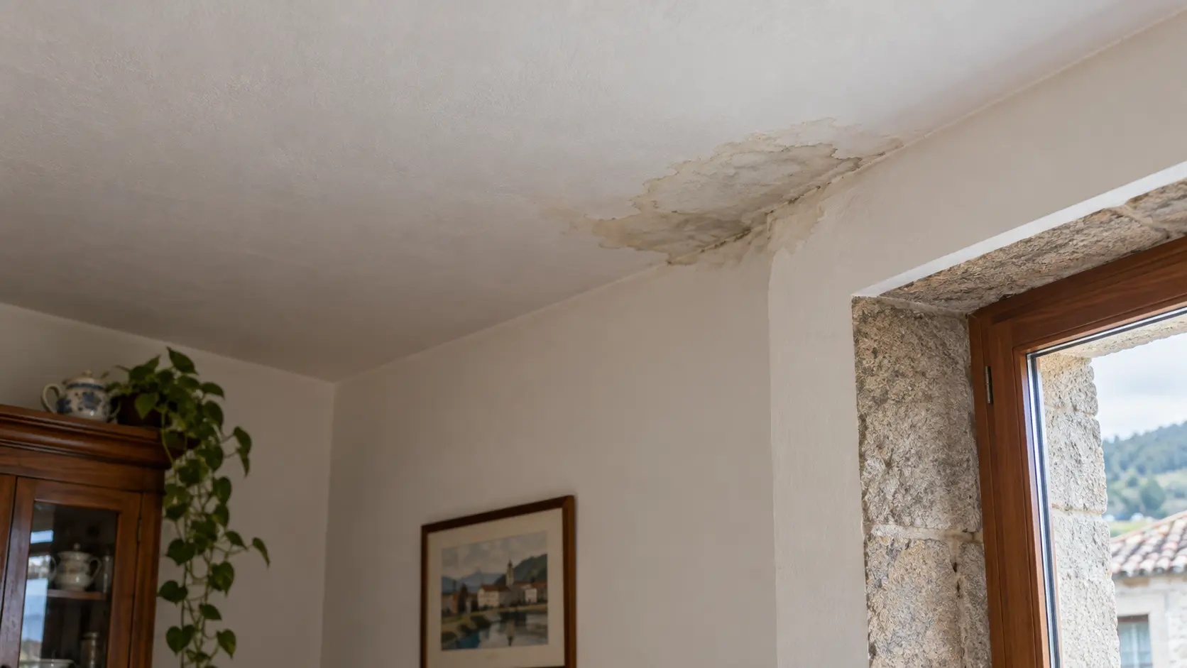 Mancha de humedad en el techo junto a una pared exterior de una vivienda