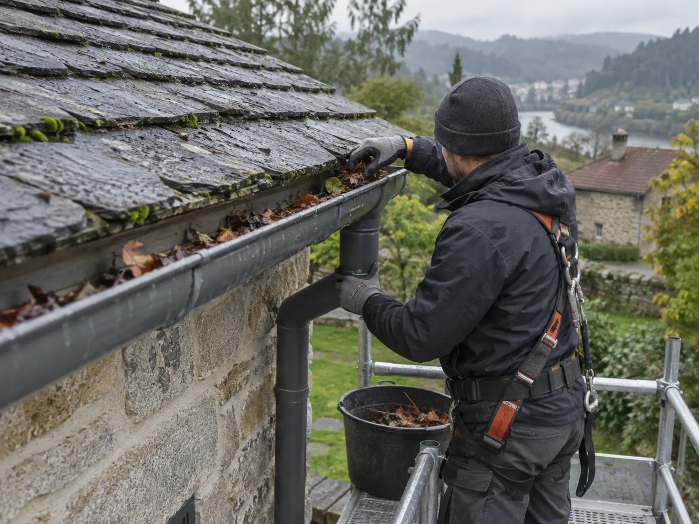 Profesional retirando hojas de un canalón en una vivienda